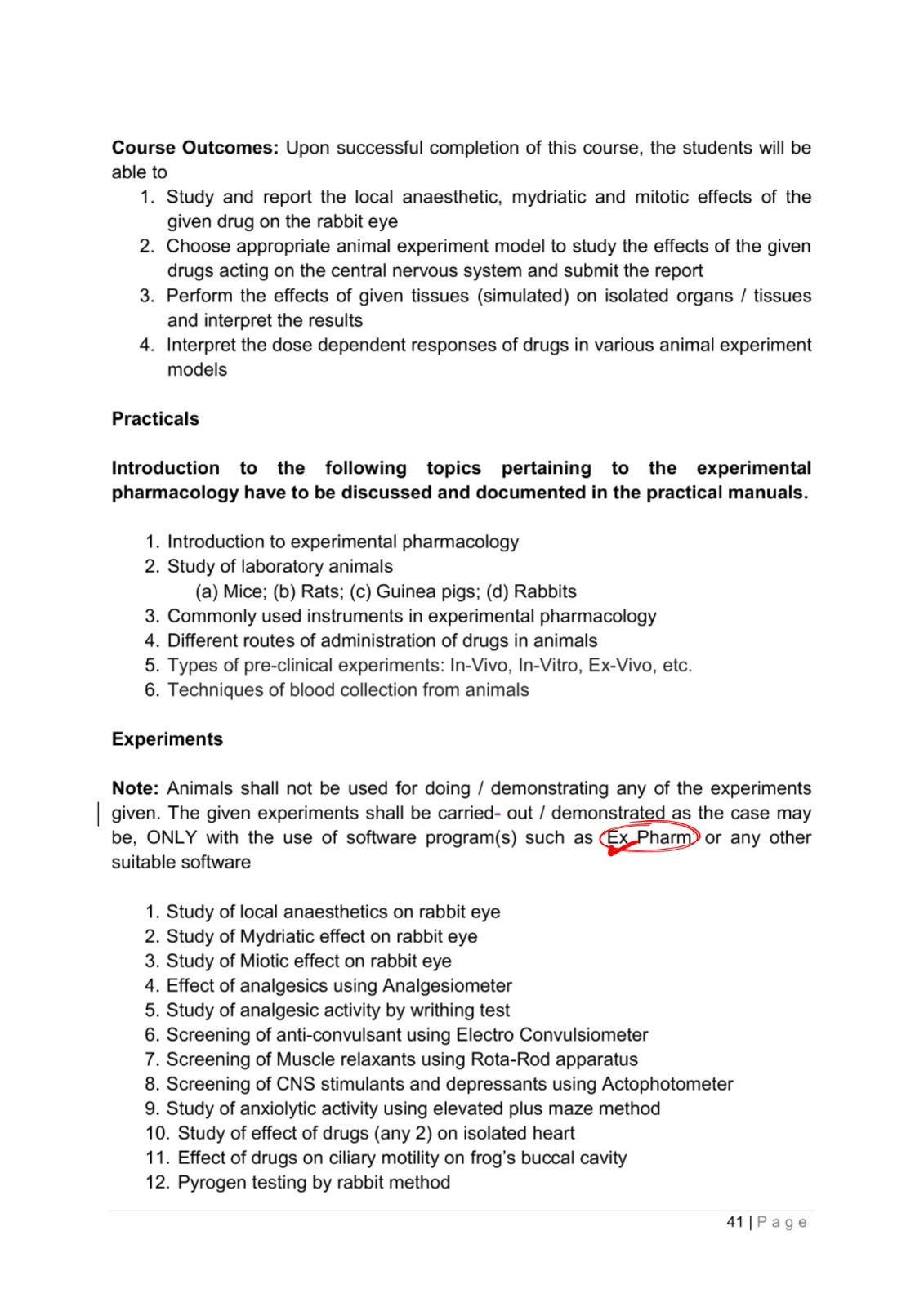 PCI ER-20 syllabus page 41 naming ExPharm for experiments